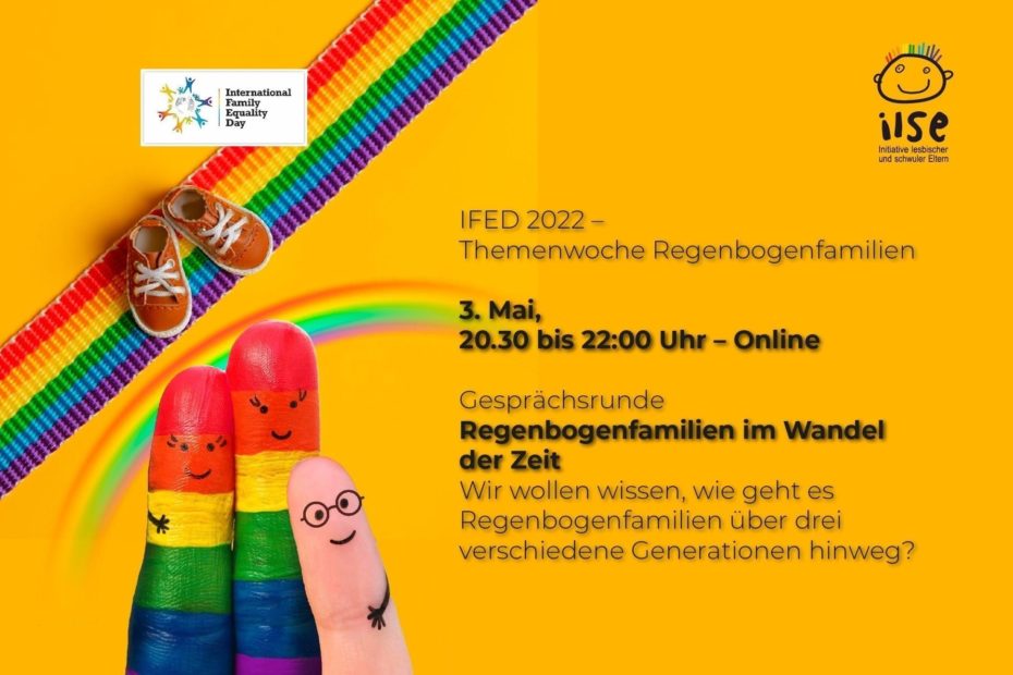 Foto mit bunten Fingern und Regenbogen im Hintergrund + Schriftzug mit Infos zur Veranstaltung