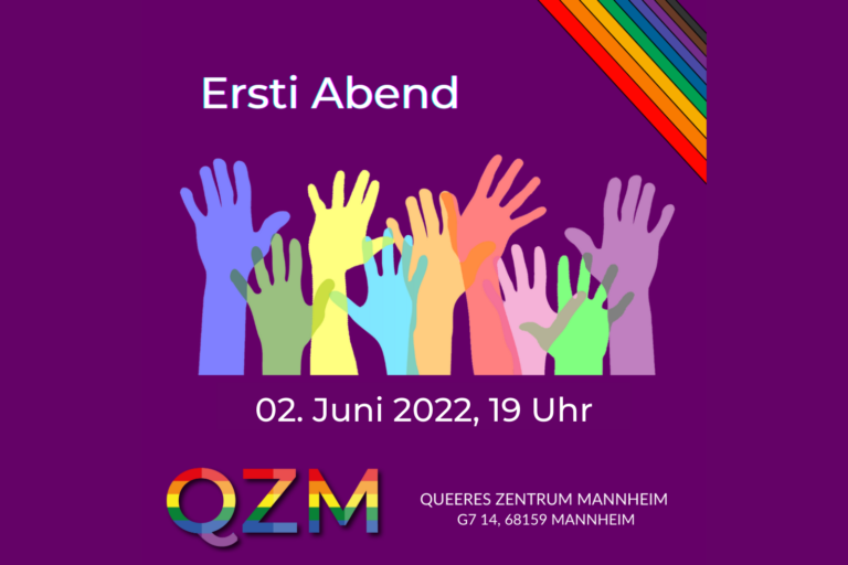 Bild mit lila Hintergrund und Regenbogen rechts am oberen Rand, es sind bunte Hände zu sehen und unten das QZM Logo