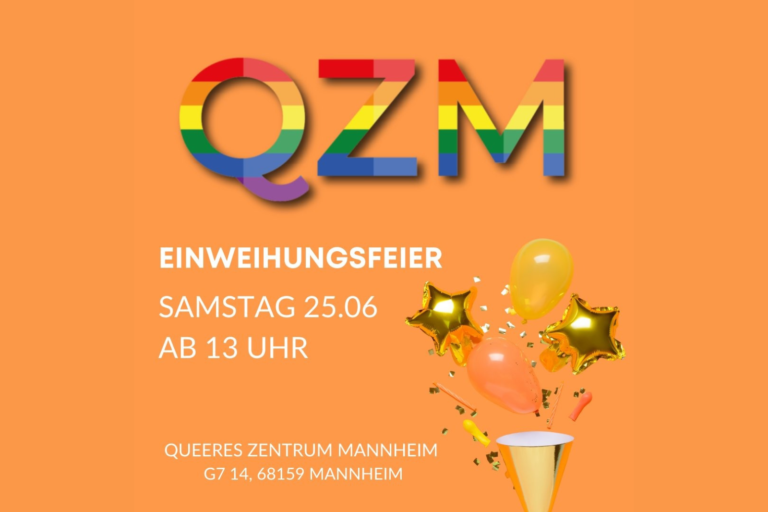 Bild mit QZM Logo, orangener Hintergrund, Text und Ballons abgebildet