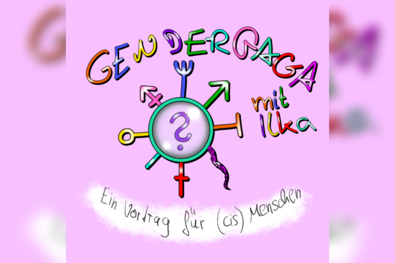 Rosa Hintergrund. Im Vordergrund steht Gender Gaga in bunter Schrift, darunter sind verschiedene Symbole, die Geschlechtssymbole andeuten sollen, abgebildet.