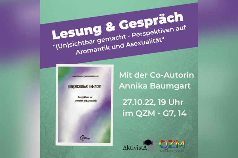 Grün-lila Hintergrund mit Buchcover auf der linken Seite. Oben steht: Lesung & Gespräch mit der Co-Autorin Annika Baumgart. 27.10.22 um 19 Uhr im QZM.
