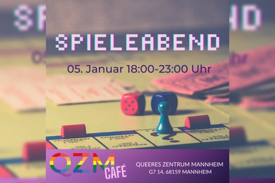 Spieleabend im QZM am 5. Januar von 18:00 bis 23:00 Uhr. Im Hintergrund ist ein Brettspiel zu sehen.