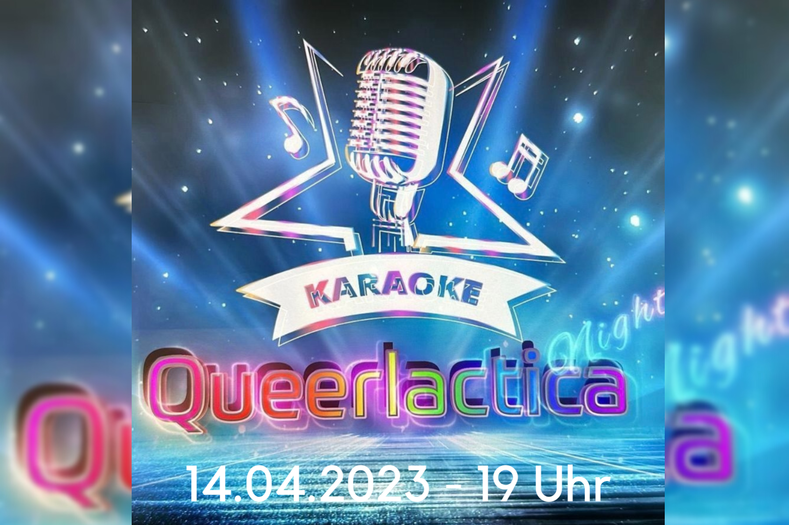 Das Bild zeigt ein Mikrophon vor blauen Grund und kündigt die nächste Karaoke-Party im QZM am 14.04.2023 ab 19 Uhr an.
