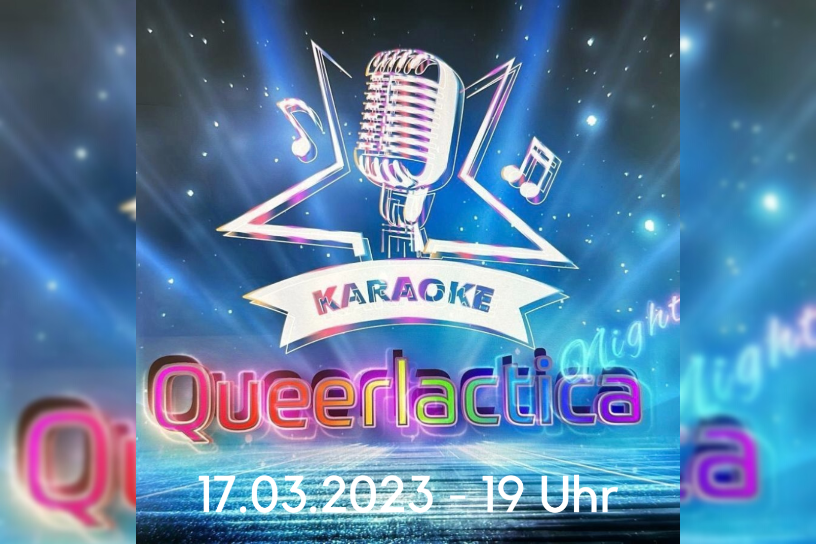 Das Bild zeigt ein Mikrophon vor blauen Hintergrund und kündigt eine neue Karaoke-Party am 17.03.2023 ab 19 Uhr im QZM an.