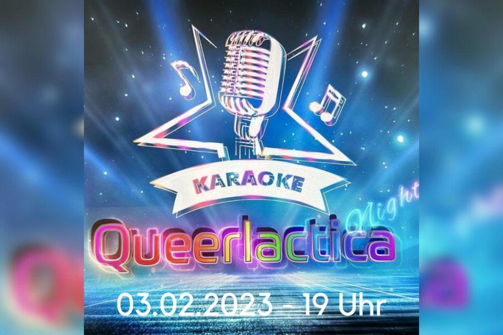 Vor blauem Hintergrund ist ein Mikrophon zu sehen, das eine neue Karaoke-Party am 03.02.2023 ab 19 Uhr im QZM ankündigt.