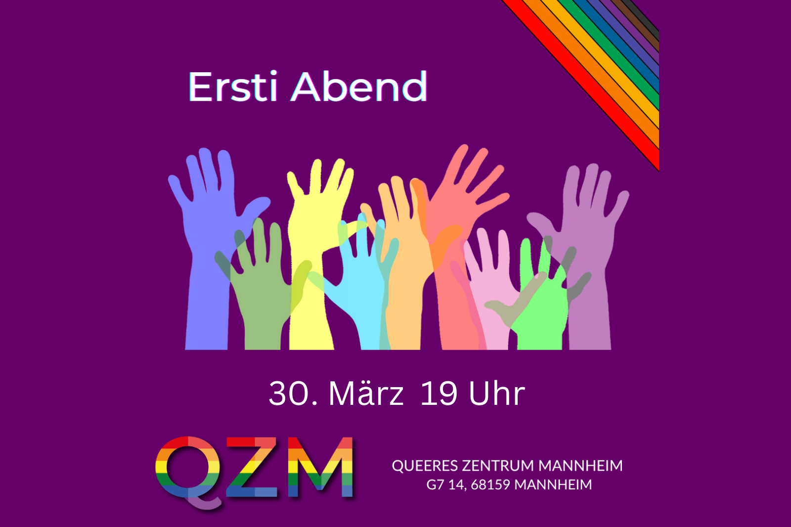 Symbolbild für die Veranstaltung "Ersti Abend" am 30.03. um 19:00 Uhr. Zu sehen sind verschiedenfarbige Hände, die sich melden - in diesem Fall für freiwilliges Engagement.