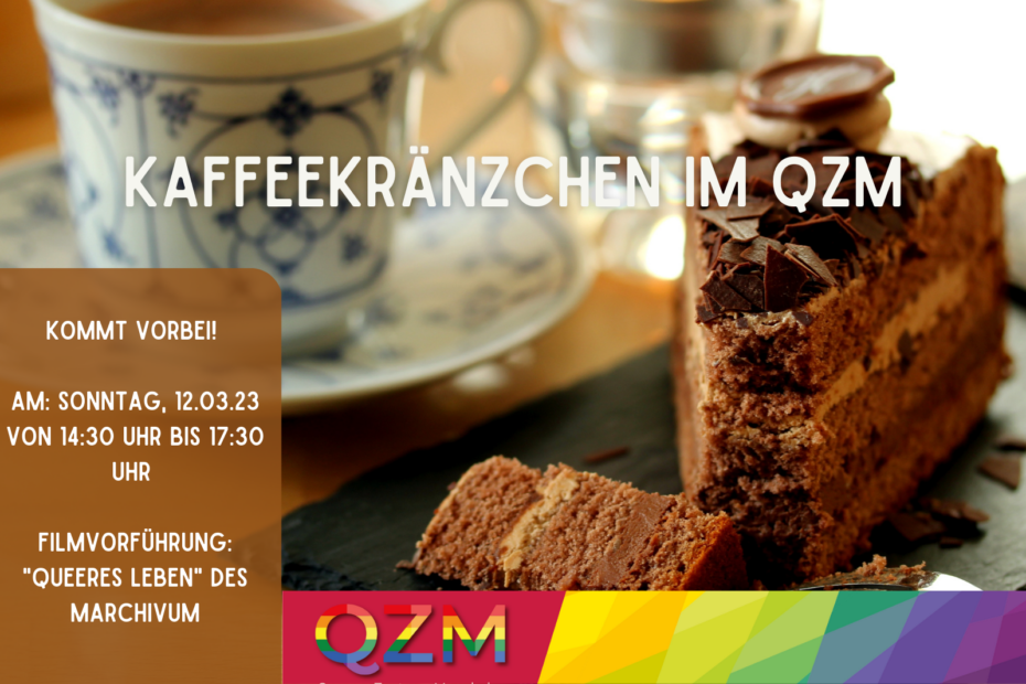 Symbolbild für Kaffee und Kuchen. Die Grafik lädt zum Kaffeekränzchen am 12.03. um 14:30 Uhr im QZM ein. Es gibt eine Filmvorführung von "Queeres Leben" des Marchivums.