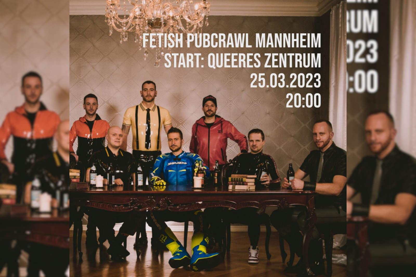 Veranstaltungsbild der Pubcrawl Mannheim Gruppe. Mehrere Männer in verschiedener Fetischkleidung an und um einen Tisch herum. Der Pubcrawl findet am 25. März statt und beginnt um 20:00 Uhr im QZM.