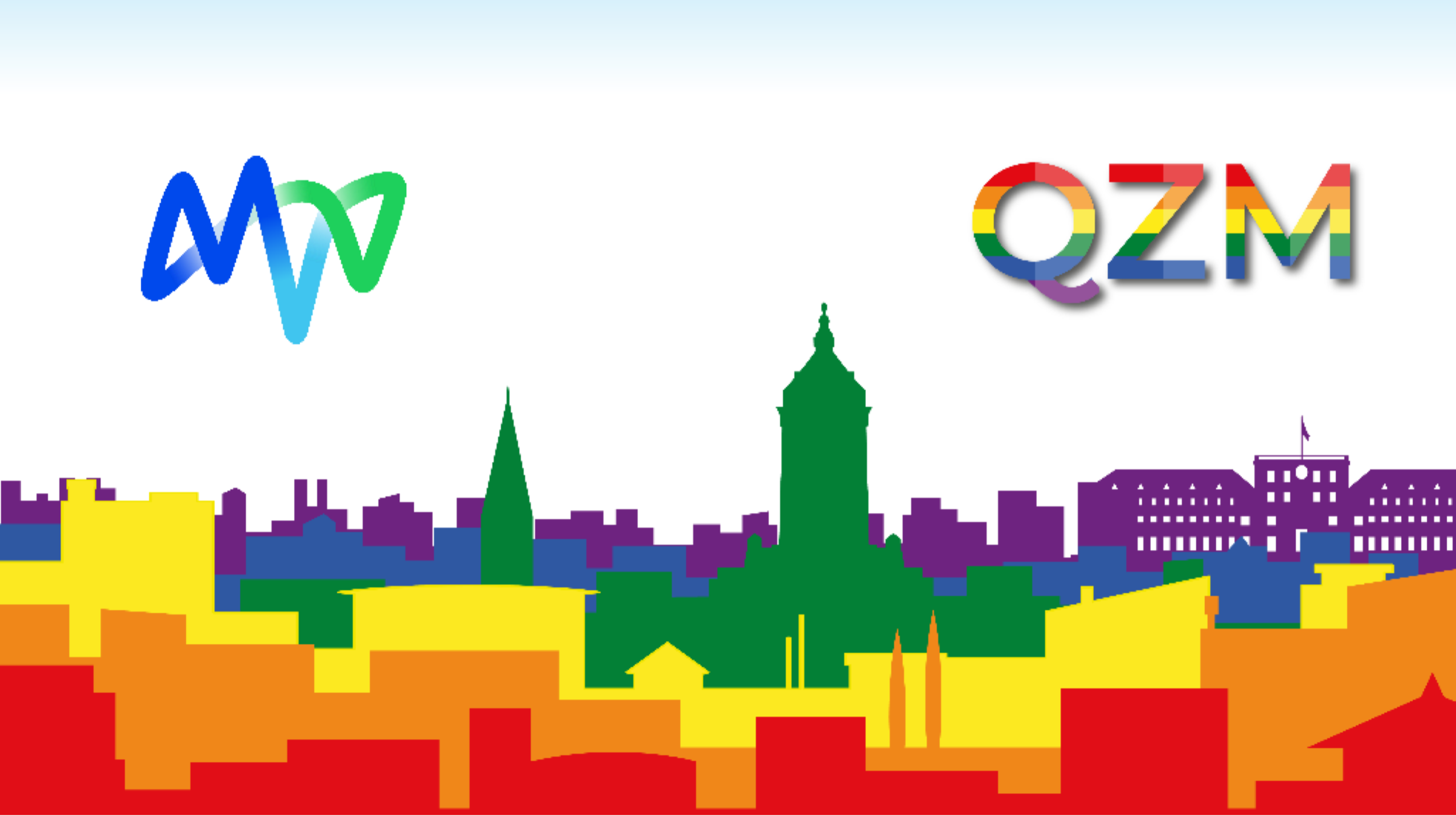 Auf dem Bild ist die Mannheimer Skyline in Regenbogenfarben zu sehen. Obendrüber sind die Logos des MVV und des Queeren Zentrum Mannheims zu sehen.