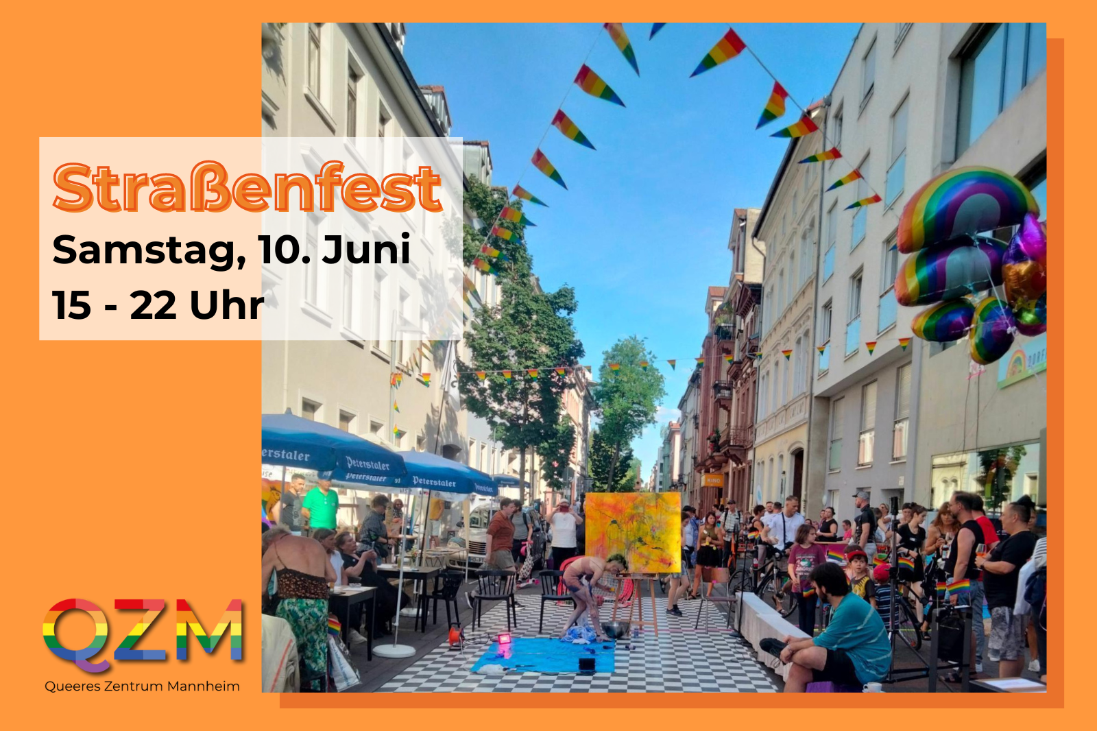 Foto vom Straßenfest letztes Jahr, Text: Straßenfest, Samstag, 10. Juni 15 bis 22 Uhr