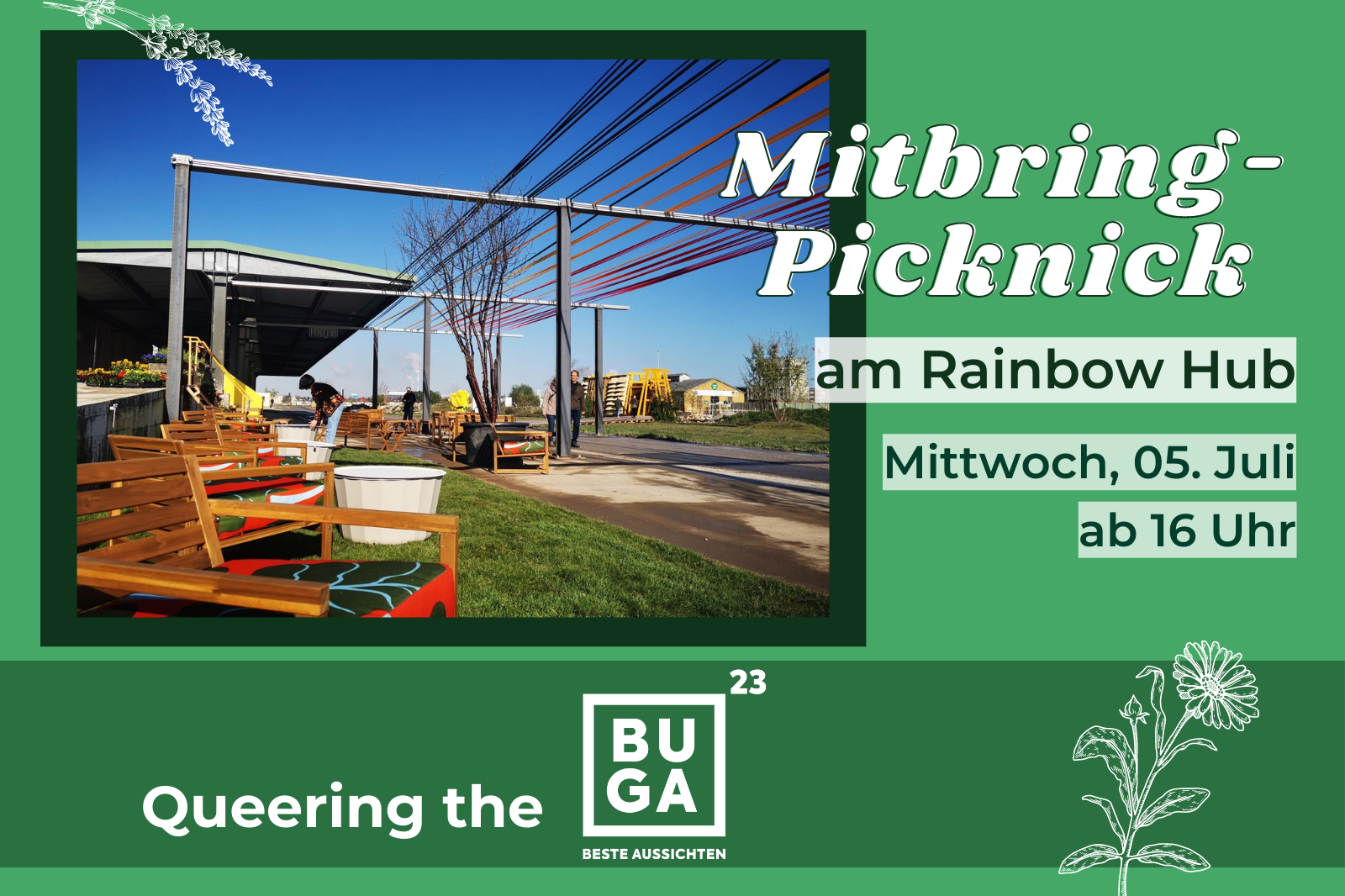 Foto: Rainbow Hub auf der Buga, im Vordergrund stehen Holz-Sessel auf einer Rasenfläche, darüber ist ein Regenbogen aus bunten Bändern gespannt. Text: Mitbring-Picknick am Rainbow Hub, Mittwoch, 05. Juli ab 16 Uhr