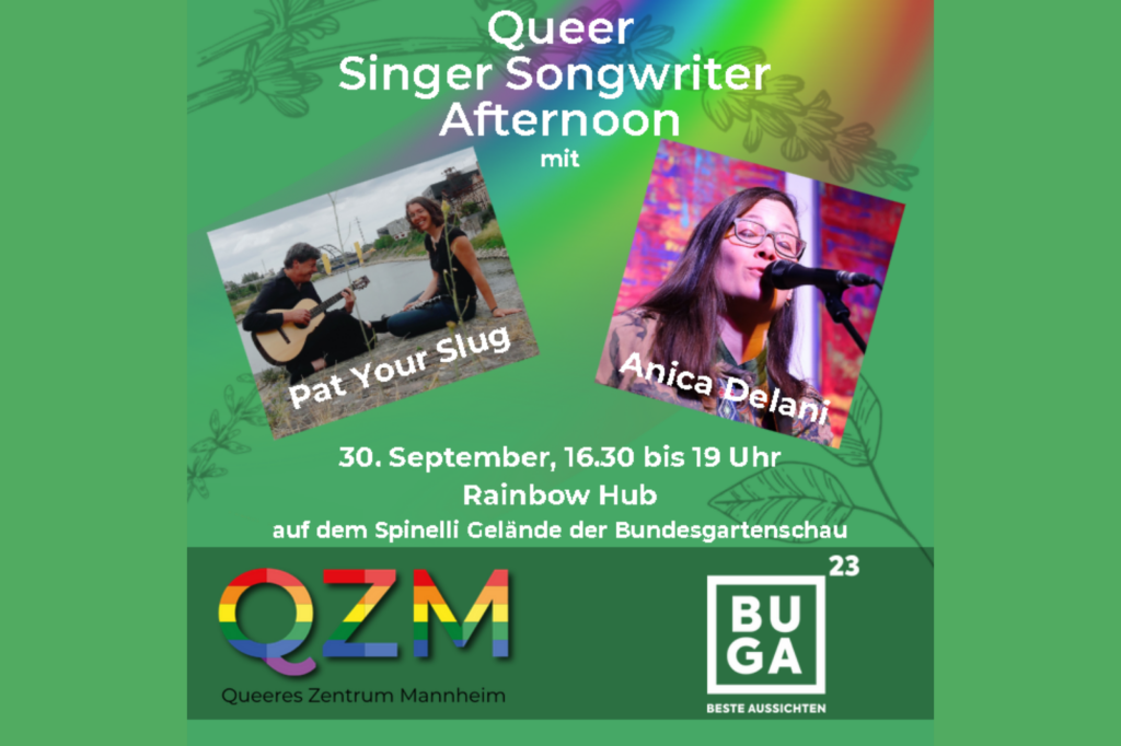 Auf einem grünen Hintergrund stehen Infos zu der Veranstaltung. Außerdem ist links ein Foto des Musikduos Pat Your Slug und rechts ist ein Foto von der Sängerin Anica Delani.