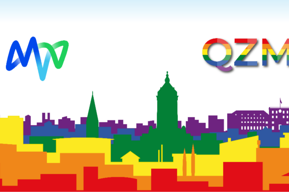 Auf dem Bild ist die Skyline von Mannheim in Regenbogenfarben zu sehen. Links oben ist das Logo der MVV zu sehen und rechts oben das Logo des QZM.