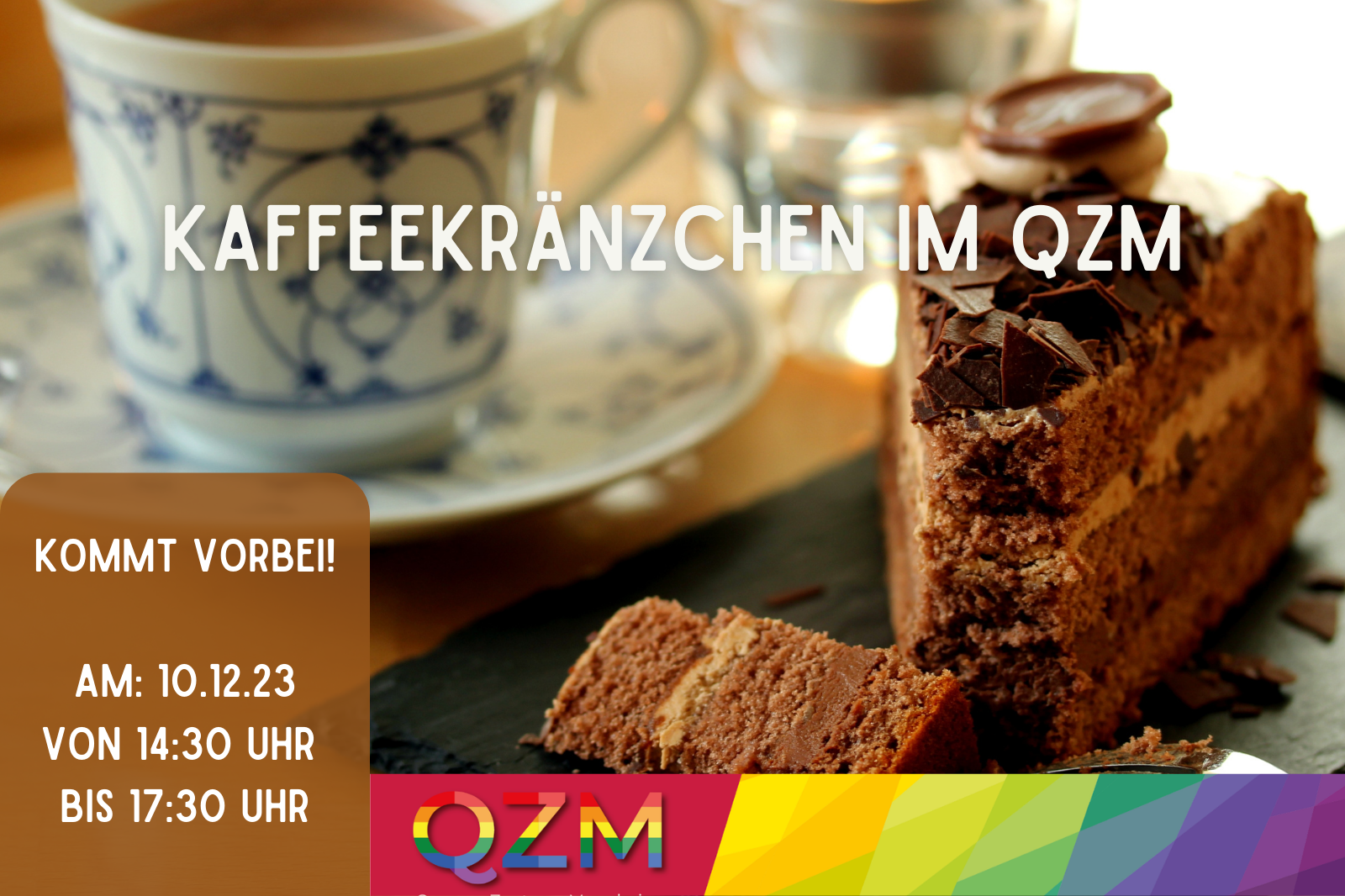 Im Hintergrund ist ein Bild von einer Tasse Kaffee und einem Stück Kuchen zu sehen. Ansonsten sind noch Datum und Uhrzeit und das QZM-Logo zu sehen.