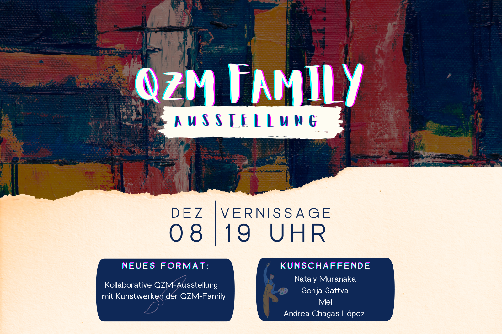 "QZM Family Ausstellung" Schriftzug auf buntem Hintergrund mit den wichtigsten Infos