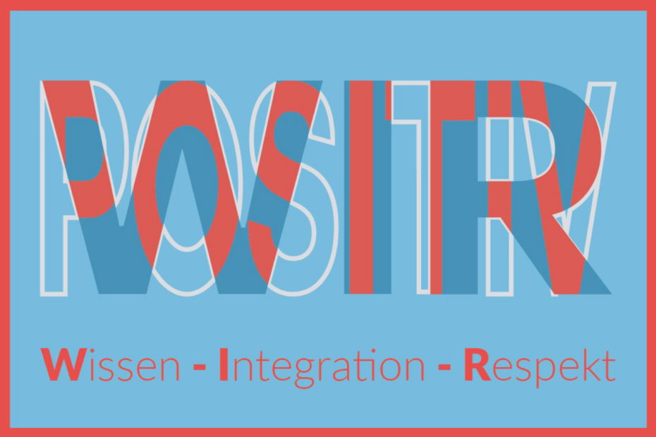 Blauer Hintergrund und Orangener Text: "WIR- Wissen Integration-Respekt"