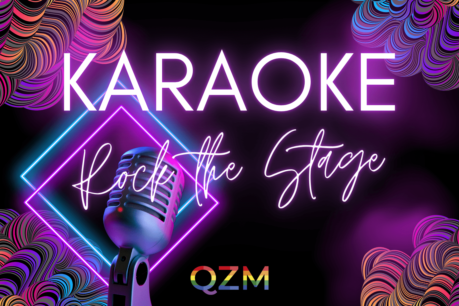 Auf der Graphik erkennt man auf lila-schwarzem Hintergund ein Mikrophon und die Aufschrift "Karaoke - Rock the Stage".