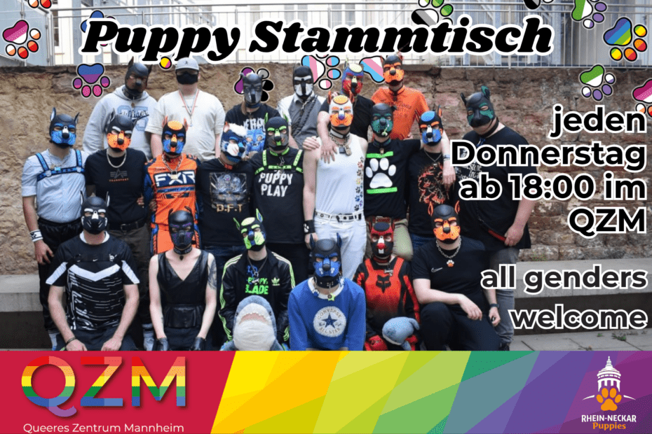 Die Grafik zeigt ein Gruppenbild der Gruppe im Hintergrund. Es sind die Logos des QZM und der Rhein Neckar Pupies zu sehen. AUßerdem stehen wichtige Dinge wie Titel und Termininfos auf der Grafik.