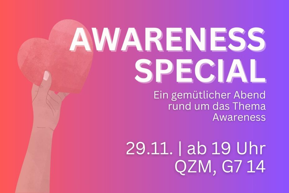 Auf der Grafik ist eine Hand zu sehen welche ein Herzsymbol hält. Zu lesen sind der Titel, eine kurze Beschreibung um was es bei der Veranstaltung geht und das Datum, sowie der Ort der Veranstaltung. Der Hintergrund der Grafik ist in einem Verlauf von lila zu rosa gehalten.