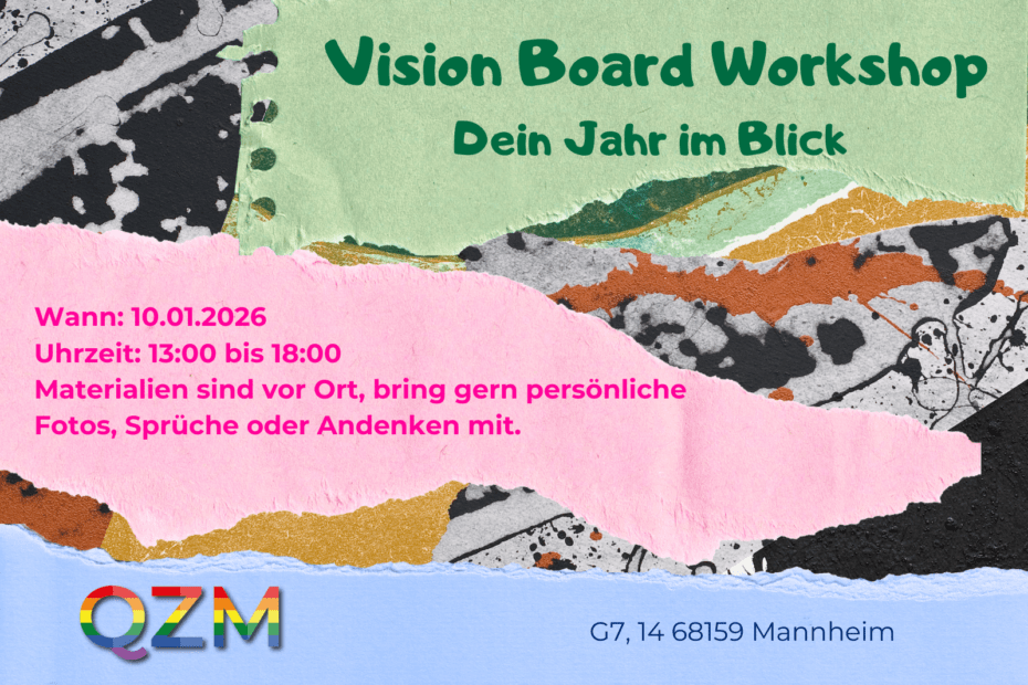 Die Grafik zeigt im Hintergrund buntes Papier. Im Vordergrund stehen Titel, Datum und Uhrzeit, sowie Adresse und ein Hinweis zu den vorhandenen Materialen auf Papierschnipseln in unterschiedlichen Farben.