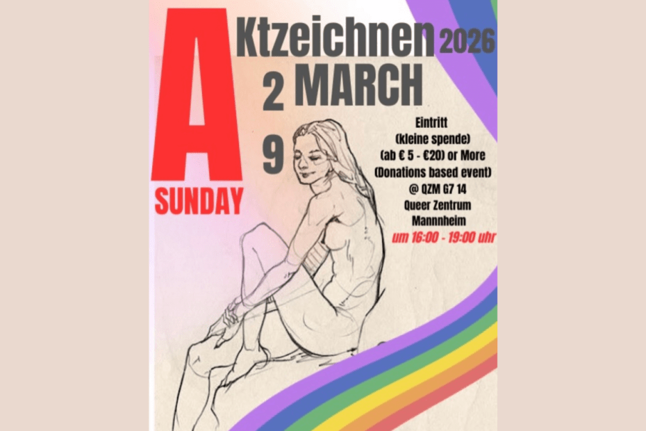 Auf der Graphik erkennt man eine Skizze, einen Regenbogen und Informationen zum Aktzeichnen.