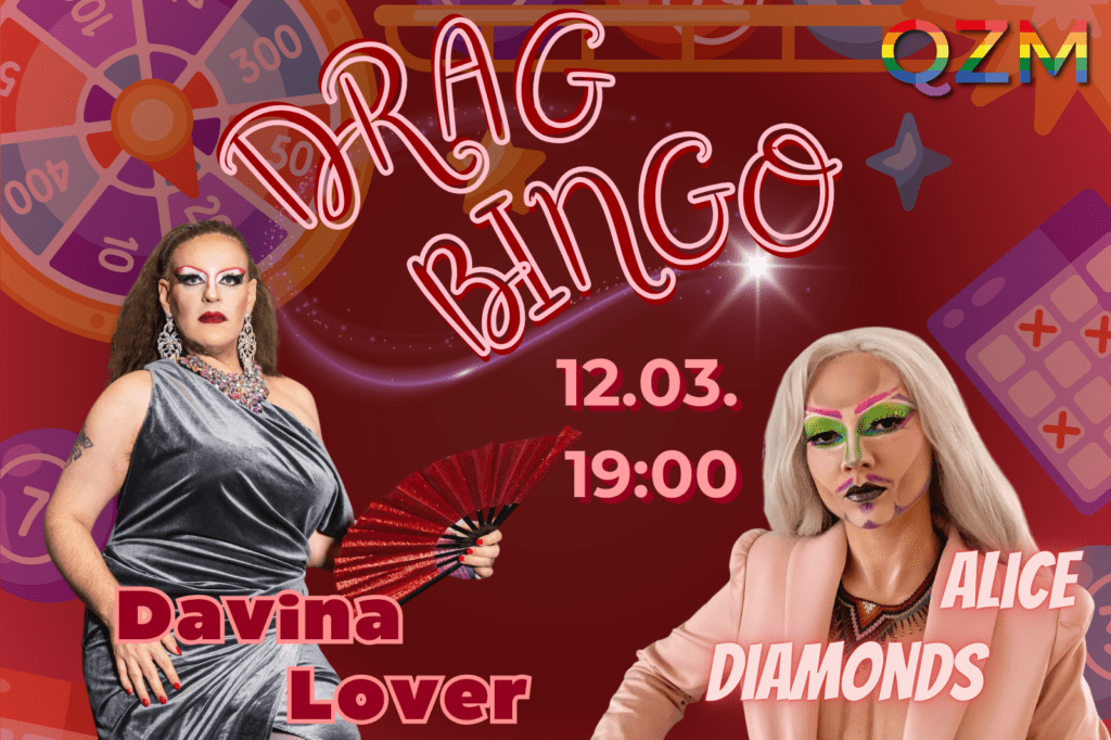Die Grafik zeigt Davina Lover und Alice Diamonds auf dunkelrotem Hintergrund. In der rechten oberen Ecke ist das Logo des QZM zu sehen. Außerdem finden sich auf der Grafik unterschiedliche Bingo-Utensilien sowie das Datum und der Titel der Veranstaltung.
