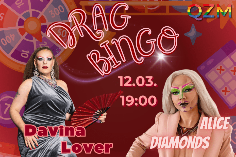 Die Grafik zeigt Davina Lover und Alice Diamonds auf dunkelrotem Hintergrund. In der rechten oberen Ecke ist das Logo des QZM zu sehen. Außerdem finden sich auf der Grafik unterschiedliche Bingo-Utensilien sowie das Datum und der Titel der Veranstaltung.