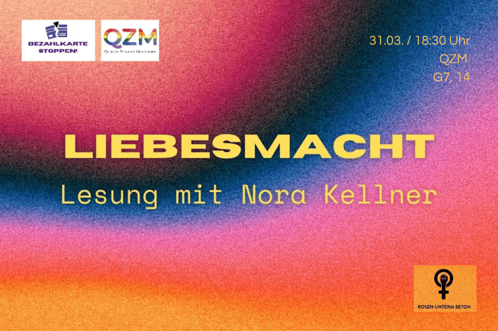 Auf der Graphik erkennt man Informationen zur Lesung aus "LiebesMacht" von Nora Kellner.