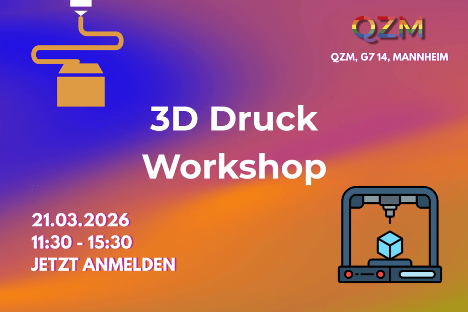 Auf der Graphik erkennt man Informationen zum 3D-Druck Workshop und 3D-Druck Icons.