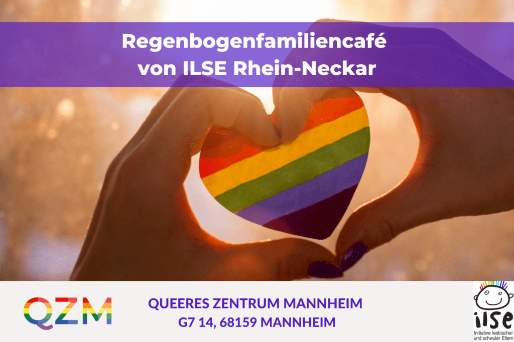 Auf der Graphik erkennt man Regenbogenherz und eine Einladung zum Regenbogencafé für queere Familien.