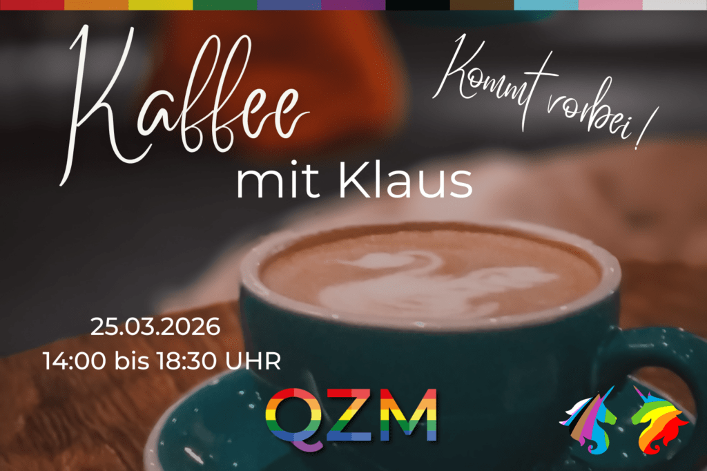 Auf der Graphik erkennt man eine Kaffeetasse und Informationen zur Veranstaltung Kaffee mit Klaus.