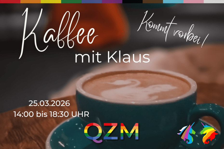 Auf der Graphik erkennt man eine Kaffeetasse und Informationen zur Veranstaltung Kaffee mit Klaus.