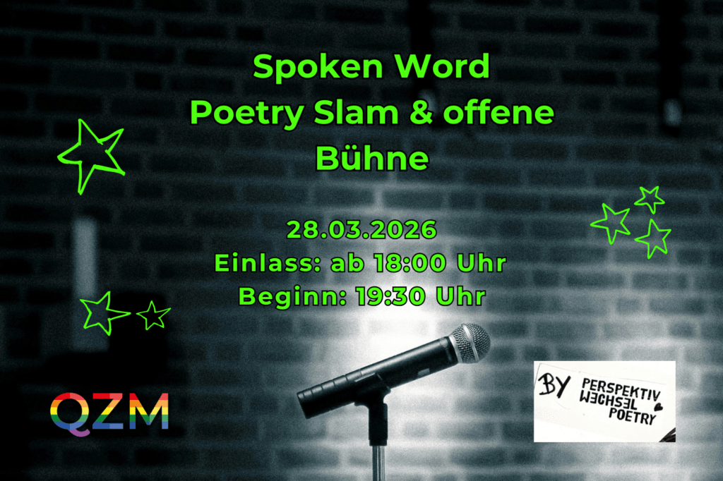 Auf der Graphik erkennt man ein Mikrophon und Informationen zum Poetry Slam Abend.