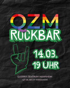 Auf der Graphik erkennt man eine Einladung zur Rockbar. Es wird darauf hingewiesen, dass die Veranstaltung am 14.03. um 19 Uhr stattfindet.
