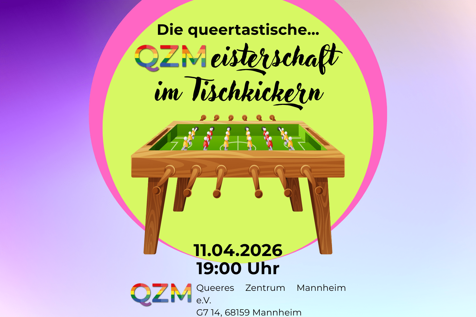 Auf der Graphik erkennt man einen Tischkicker und Informationen zum Tischkickerturnier.