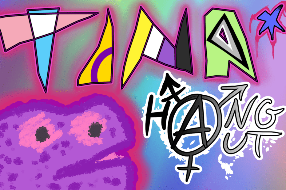 Auf der Graphik erkennt man bunte Farben und Formen mit der Aufschrift TINA* Hangout.