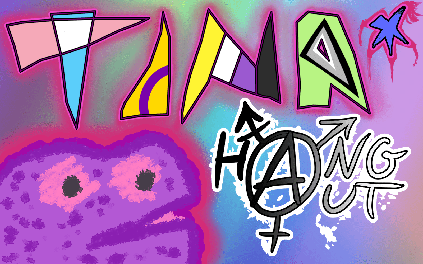 Auf der Graphik erkennt man bunte Farben und Formen mit der Aufschrift TINA* Hangout.