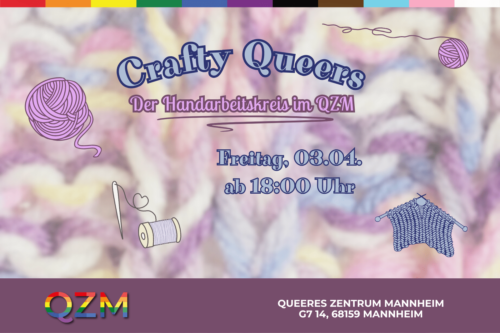Auf der Graphik erkennt man Strickzeug und Wolle sowie den Titel Crafty Queers.