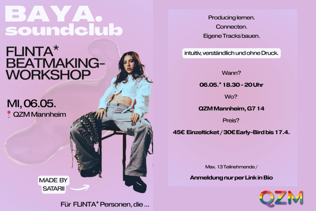 Auf der Graphik ist ein Foto der Musikern SATARII und Informationen zum FLINTA* Beatmaking Workshop.