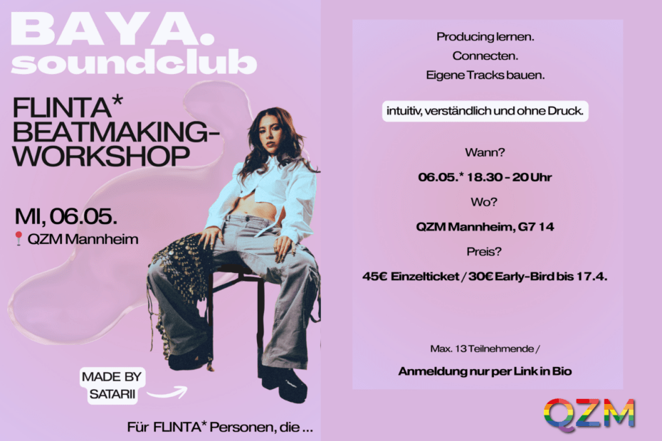 Auf der Graphik ist ein Foto der Musikern SATARII und Informationen zum FLINTA* Beatmaking Workshop.