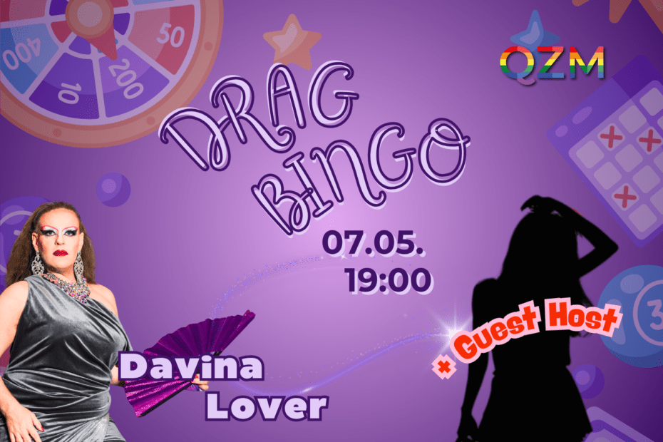 Auf der Graphik ist die Drag Queen Davina Lover und die Silhouette eines Guest Hosts für das Drag Bingo.