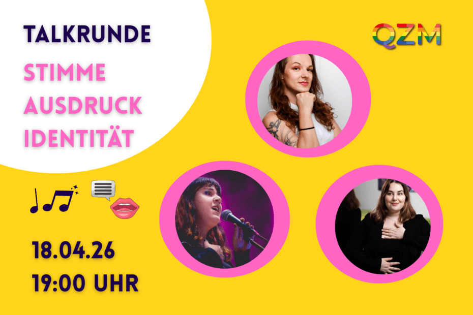 Auf der Graphik erkennt man Liese, Seyda und Liviya und Informationen zur Talkrunde über Stimme und Selbstausdruck.