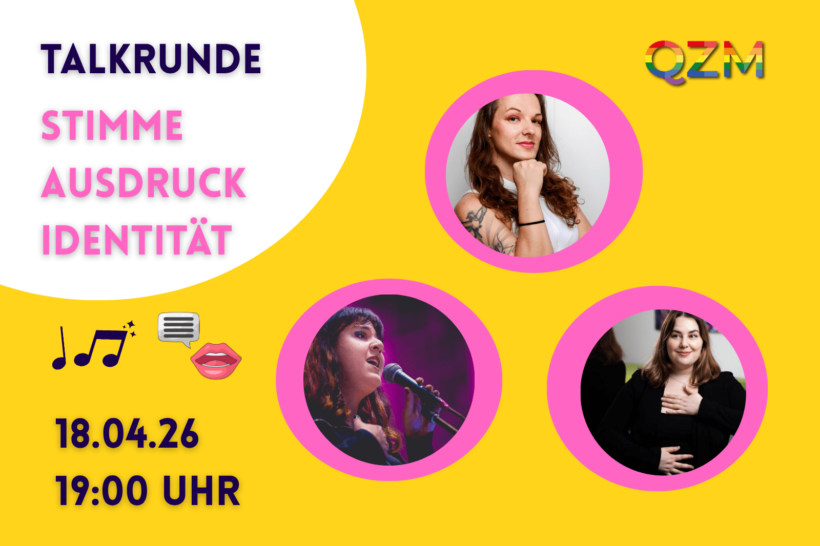 Auf der Graphik erkennt man Liese, Seyda und Liviya und Informationen zur Talkrunde über Stimme und Selbstausdruck.