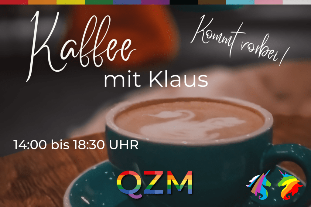 Auf dieser Graphik erkennt man eine Kaffeetasse und Infos zum Kaffee mit Klaus.