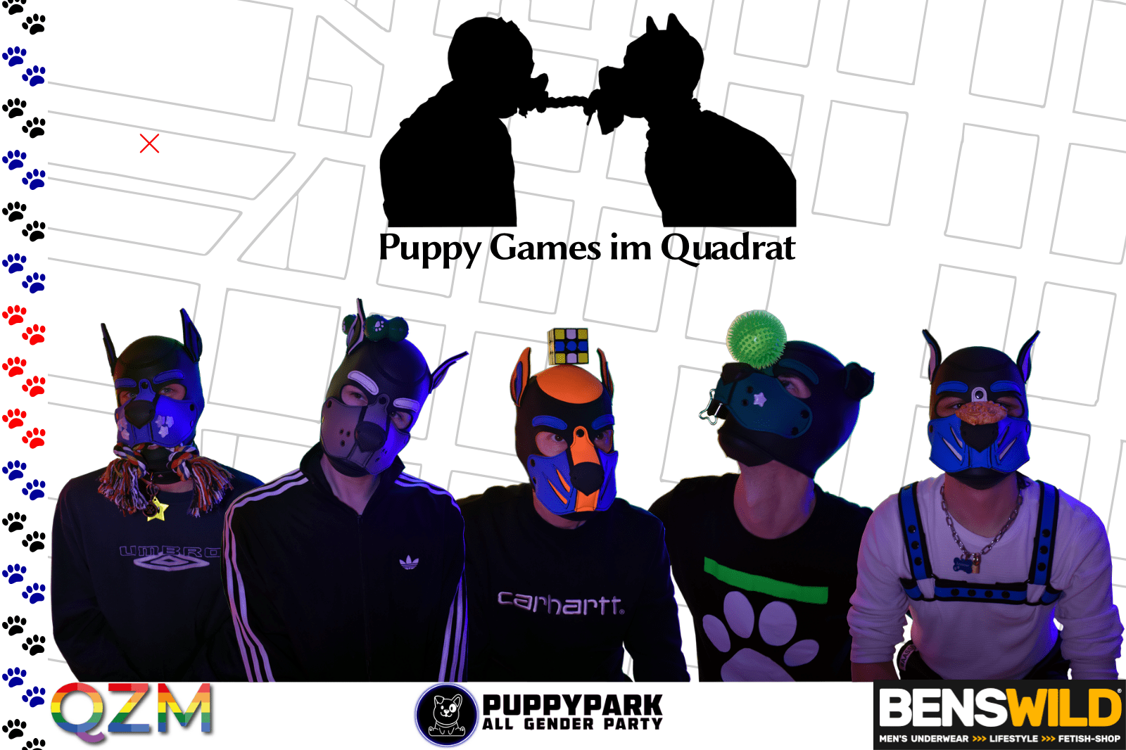 Zentral im oberen Bereich des Bildes ist der Schattenriss zweier Puppies, die um ein Spielzeug ringen, abgebildet. Darunter befindet sich der Schriftzug "Puppy Games im Quadrat". Am linken Rand ist eine Spur aus Pfoten zu sehen, die abwechselnd schwarz, blau und rot gefärbt sind. Den Rest des Bildes bilden die Fotografien von 5 verschiedenen Puppies, die alle unterhalb des Oberkörpers abgeschnitten sind. Von links nach rechts: In einem schwarzen Pullover ein Puppy in blauer Maske mit weißen Sternen mit einem Seilspielzeug in der Schnauze; ein Puppy mit weißer Schnauze in einem Adidas Tracksuit, der einen Gummiknochen zwischen den Ohren hält. Ein Puppy im schwarzen Pulli mit Maske in neon-orangenen und aqua-blauen Farben, der einen Zauberwürfel auf dem Kopf balanciert. Ein Puppy in schwarzem T-Shirt mit einer weißen Pfote unter einem grünen Streifen und mit grüner Schnauze, der einen hellgrünen Ball auf der Nase balanciert. Ganz rechts in einem weißen Pullover mit einem aqua-blauen Harness und einer Maske in den gleichen Farben ein Pup mit einem Cookie auf der Nase. Als Hintergrundbild liegt das Straßennetz der Mannheimer Quadrate hinter allem, auf dem die Lage des QZM mit einem roten Kreuz markiert ist. Unterhalb des Bildes finden sich von links nach rechts die Logos des QZM, der PuppyPark All Gender Party, und Benswild.