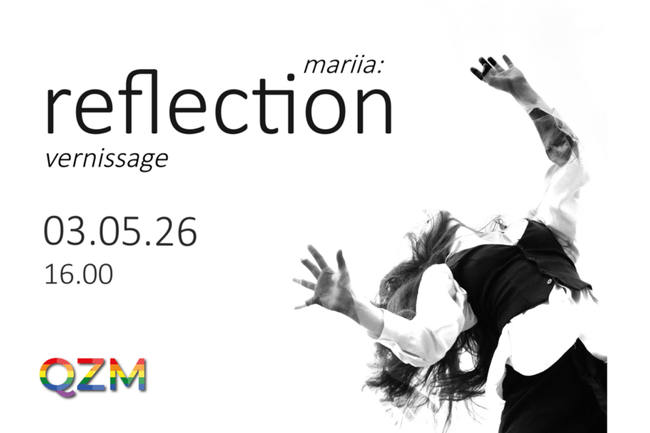 Auf der Graphik erkennt man eine Person in schwarz weiß, die ihre Hände über das Bild streckt und Informationen zur Foto Ausstellung "reflection" von MARIIA.