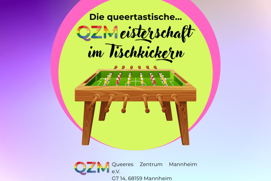 Auf der Graphik befindet sich ein Tischkicker auf grünem und blauem Hintergrund.