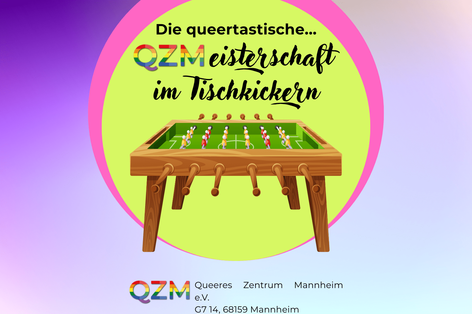 Auf der Graphik befindet sich ein Tischkicker auf grünem und blauem Hintergrund.
