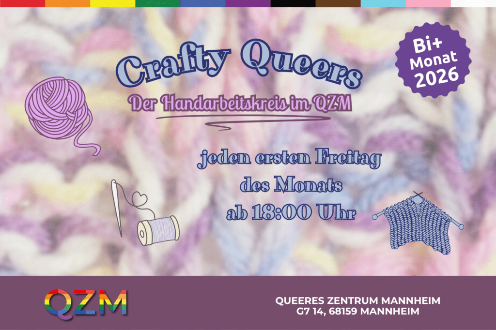 Auf der Graphik erkennt man Strickzeug und Wolle sowie den Titel Crafty Queers.