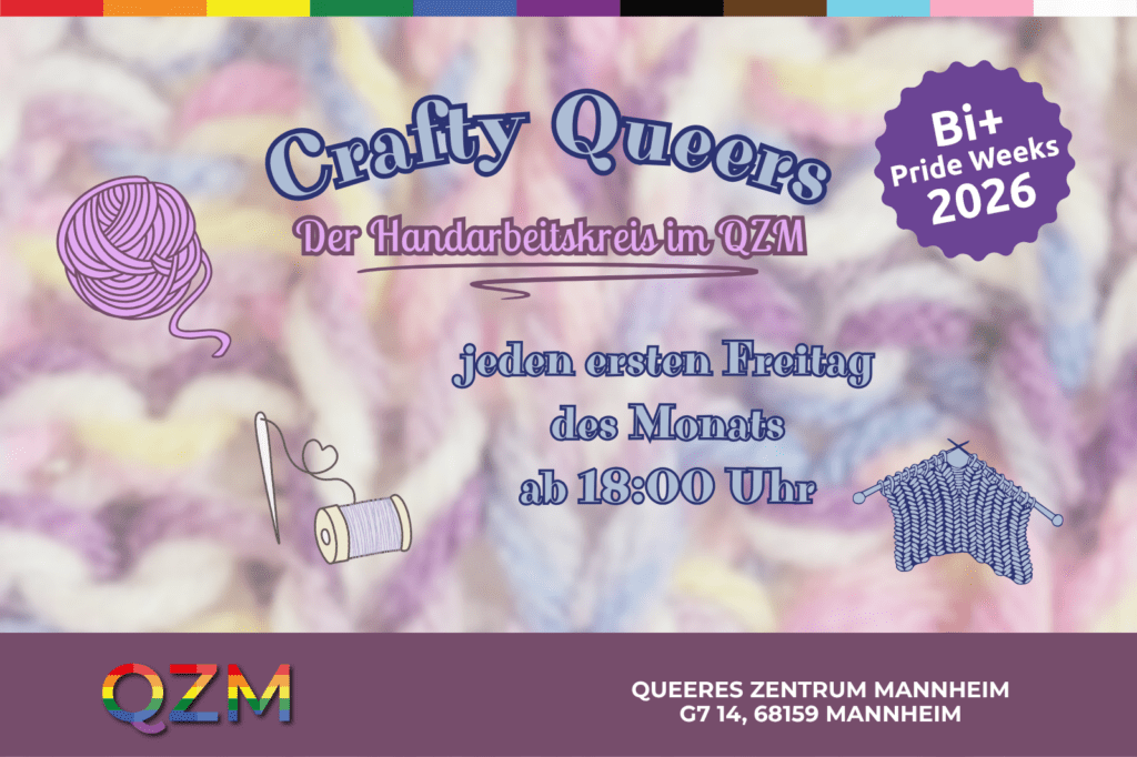 Auf der Graphik erkennt man Strickzeug und Wolle sowie den Titel Crafty Queers.
